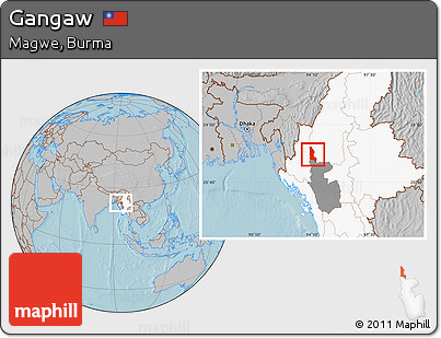 Gray Location Map of Gangaw, highlighted country, highlighted parent region, hill shading