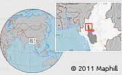 Gray Location Map of Gangaw, highlighted country, highlighted parent region, hill shading