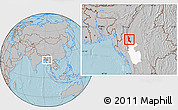 Gray Location Map of Gangaw, highlighted parent region, hill shading