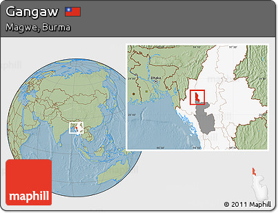 Savanna Style Location Map of Gangaw, highlighted country, highlighted parent region, hill shading