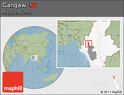 Savanna Style Location Map of Gangaw, highlighted country, highlighted parent region, hill shading