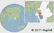 Savanna Style Location Map of Gangaw, highlighted country, highlighted parent region, hill shading