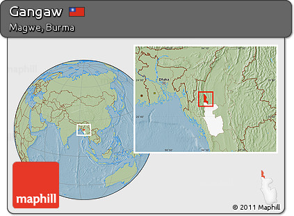 Savanna Style Location Map of Gangaw, highlighted parent region, hill shading