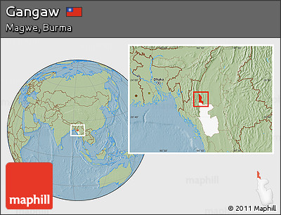 Savanna Style Location Map of Gangaw, highlighted parent region, hill shading