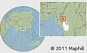 Savanna Style Location Map of Gangaw, highlighted parent region, hill shading