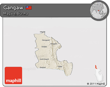 Shaded Relief Panoramic Map of Gangaw, single color outside