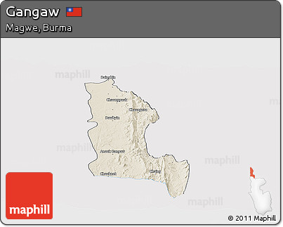 Shaded Relief Panoramic Map of Gangaw, single color outside