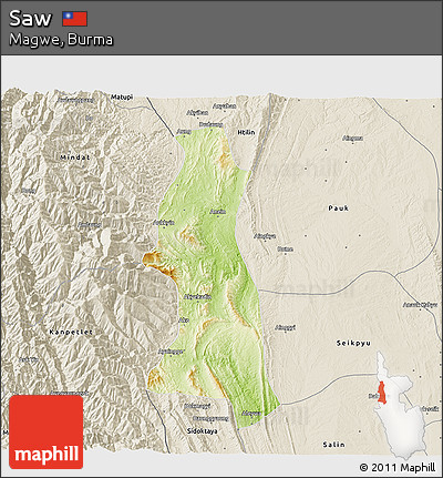 Physical 3D Map of Saw, shaded relief outside