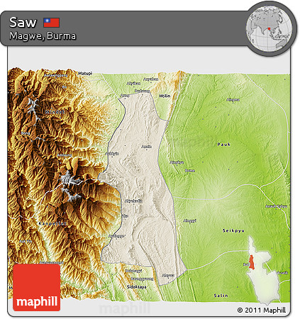 Shaded Relief 3D Map of Saw, physical outside