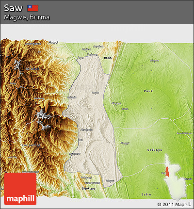 Shaded Relief 3D Map of Saw, physical outside