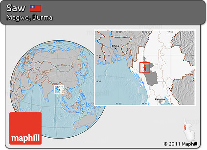 Gray Location Map of Saw, highlighted country, highlighted parent region, hill shading