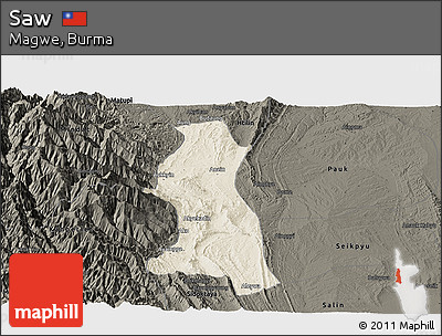 Shaded Relief Panoramic Map of Saw, darken
