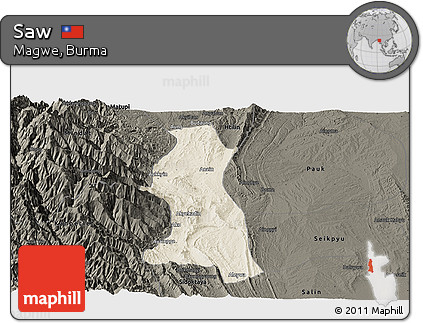 Shaded Relief Panoramic Map of Saw, darken