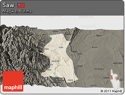 Shaded Relief Panoramic Map of Saw, darken