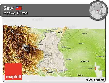 Shaded Relief Panoramic Map of Saw, physical outside