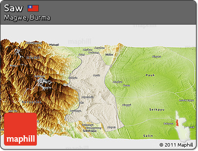 Shaded Relief Panoramic Map of Saw, physical outside