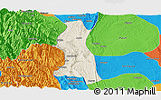 Shaded Relief Panoramic Map of Saw, political outside