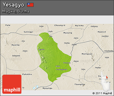 Physical 3D Map of Yesagyo, shaded relief outside