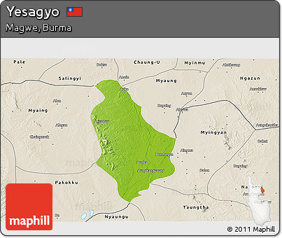 Physical 3D Map of Yesagyo, shaded relief outside
