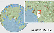 Savanna Style Location Map of Yesagyo, highlighted parent region, hill shading