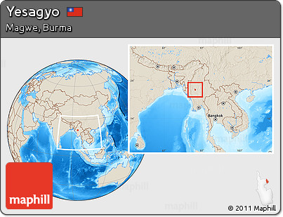 Shaded Relief Location Map of Yesagyo, within the entire country