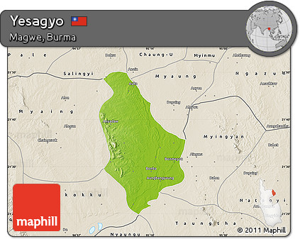 Physical Map of Yesagyo, shaded relief outside