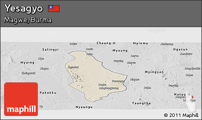 Shaded Relief Panoramic Map of Yesagyo, desaturated