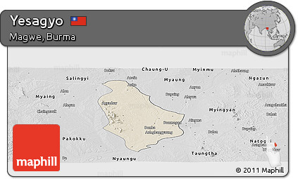 Shaded Relief Panoramic Map of Yesagyo, desaturated