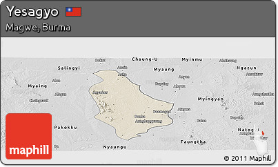 Shaded Relief Panoramic Map of Yesagyo, desaturated