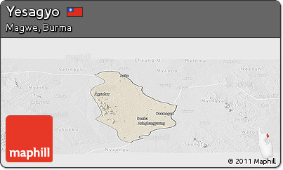 Shaded Relief Panoramic Map of Yesagyo, lighten, desaturated
