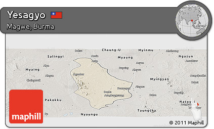 Shaded Relief Panoramic Map of Yesagyo, semi-desaturated