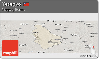 Shaded Relief Panoramic Map of Yesagyo, semi-desaturated