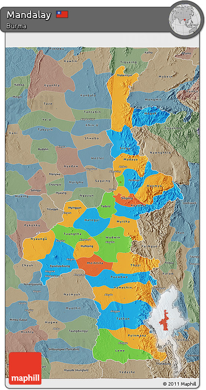 Political 3D Map of Mandalay, semi-desaturated