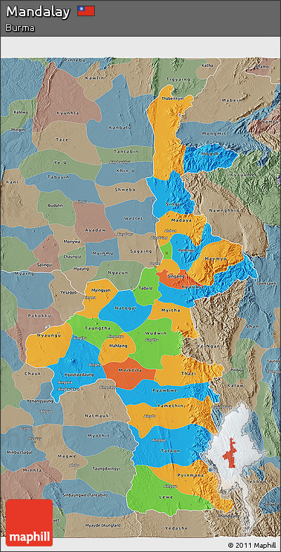 Political 3D Map of Mandalay, semi-desaturated