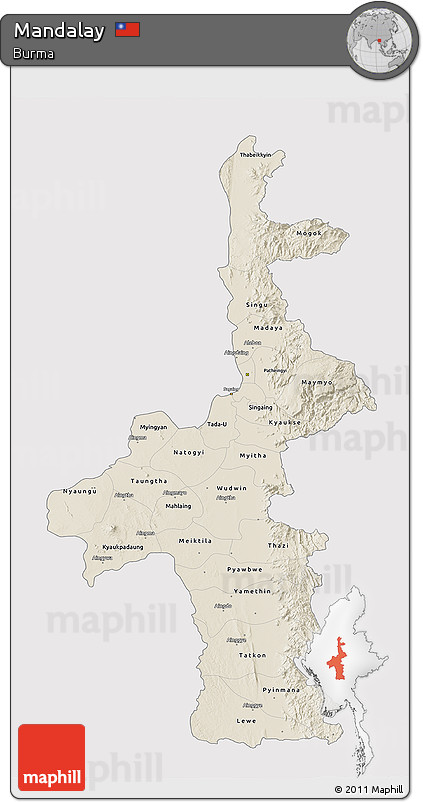 Shaded Relief 3D Map of Mandalay, single color outside