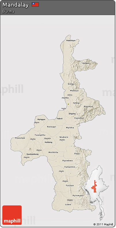 Shaded Relief 3D Map of Mandalay, single color outside