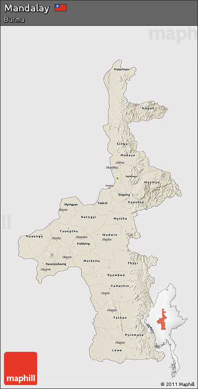 Shaded Relief 3D Map of Mandalay, single color outside