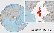 Gray Location Map of Mandalay, highlighted country, hill shading