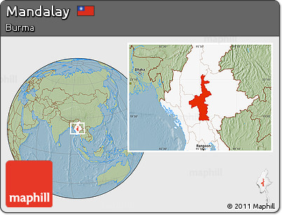 Savanna Style Location Map of Mandalay, highlighted country, hill shading