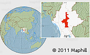 Savanna Style Location Map of Mandalay, highlighted country, hill shading