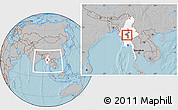 Gray Location Map of Meiktila, highlighted country, highlighted parent region, within the entire country, hill shading