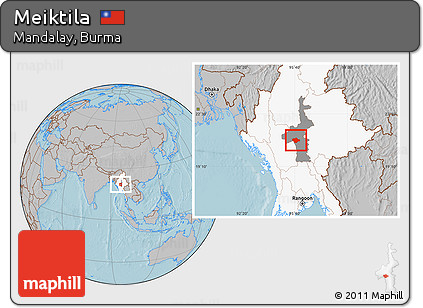 Gray Location Map of Meiktila, highlighted country, highlighted parent region, hill shading