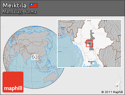Gray Location Map of Meiktila, highlighted country, highlighted parent region, hill shading