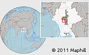 Gray Location Map of Meiktila, highlighted country, highlighted parent region, hill shading