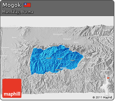 Political 3D Map of Mogok, lighten, desaturated