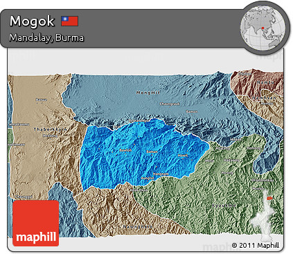 Political 3D Map of Mogok, semi-desaturated