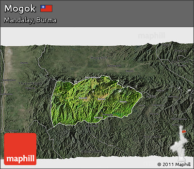 Satellite 3D Map of Mogok, darken, semi-desaturated