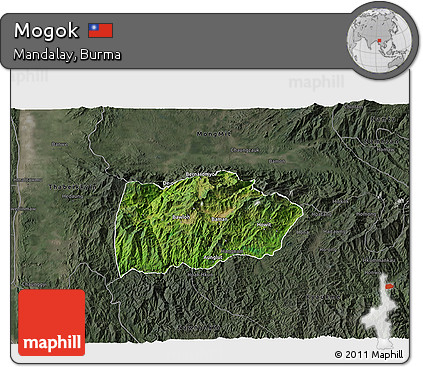 Satellite 3D Map of Mogok, darken, semi-desaturated