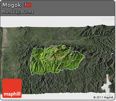 Satellite 3D Map of Mogok, darken, semi-desaturated