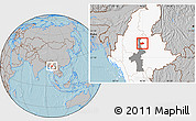 Gray Location Map of Mogok, highlighted country, highlighted parent region, hill shading